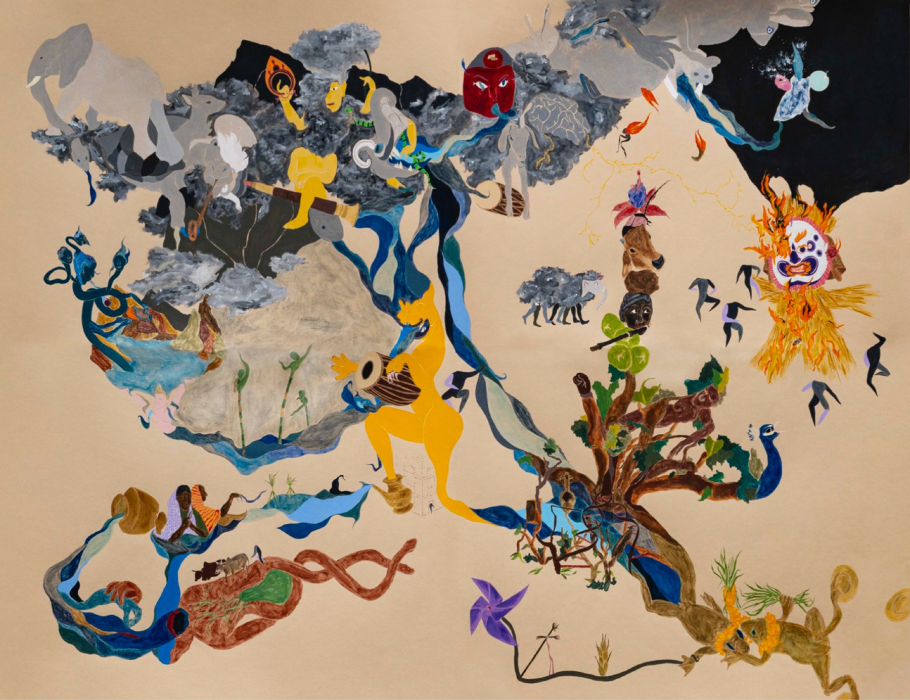 Artwork: wildly colourful drawn depiction of spirits, animals and humans, with themes of music and dance.jpg