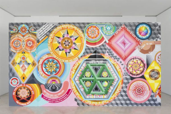 Geometric multicoloured wall sized poster playing on perspective, to be viewed via an augemented reality app through which it appears animated.jpg