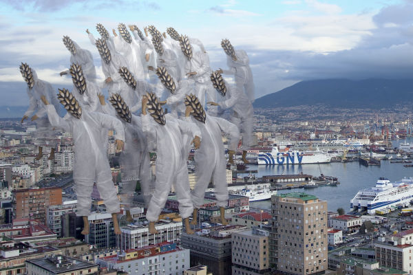 Photoshop of giant individuals dancing on top of a city, dressed in hasard suits with heads of wheat for a head.jpg