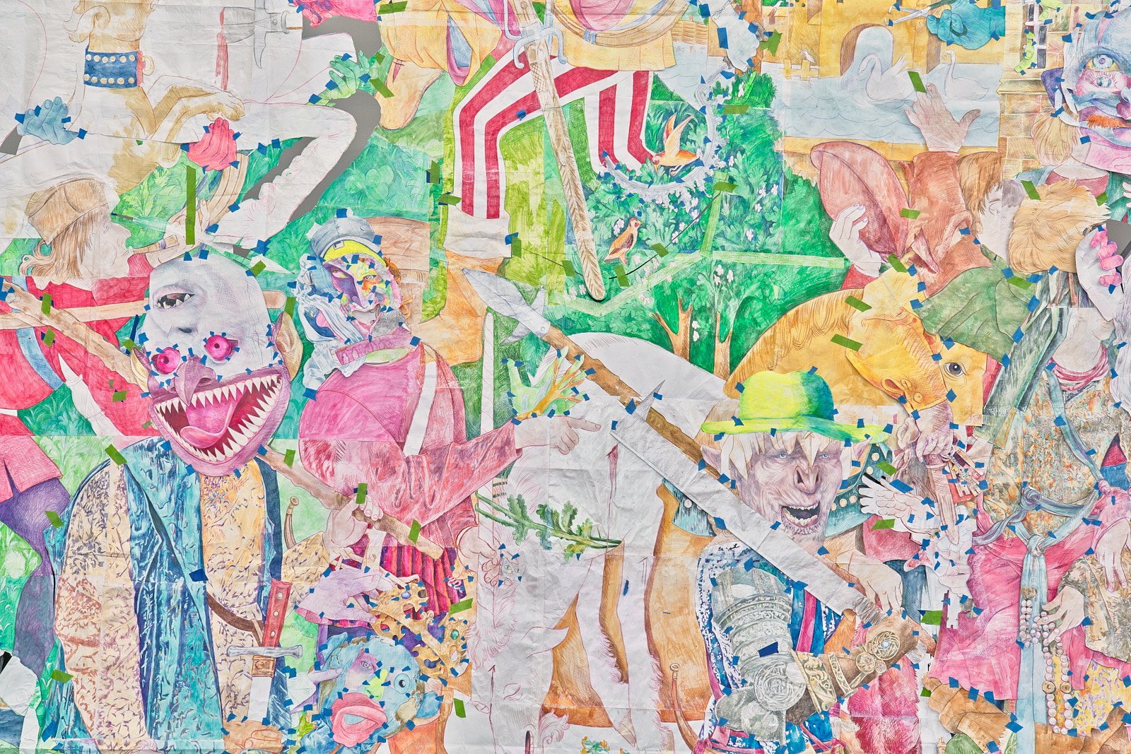 Colourful tapestry of bizarre figures, closeup of large and sharp toothed face.jpg